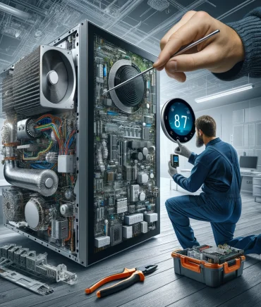 DALL·E 2024-04-22 20.23.31 - A visually striking image representing the integration of HVAC, electrical systems, and climate control_ featuring a large, advanced HVAC unit with ex