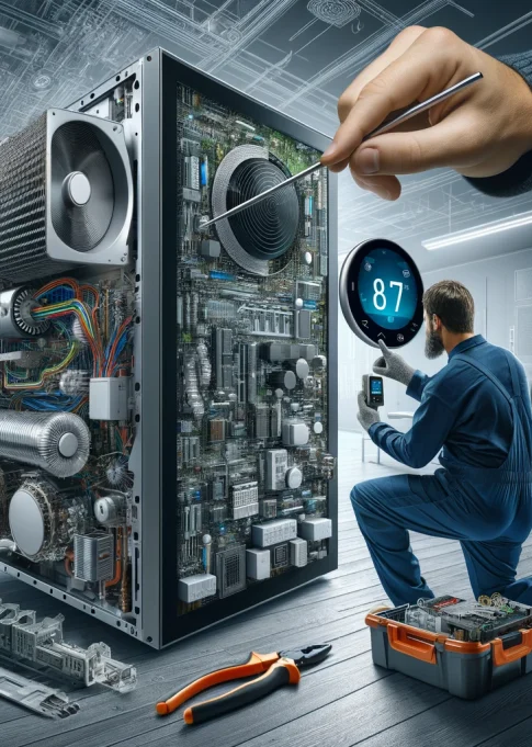 DALL·E 2024-04-22 20.23.31 - A visually striking image representing the integration of HVAC, electrical systems, and climate control_ featuring a large, advanced HVAC unit with ex